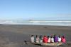 The students are enjoying their lunch on the Muriwai Beach, home to a large colony of gannets.